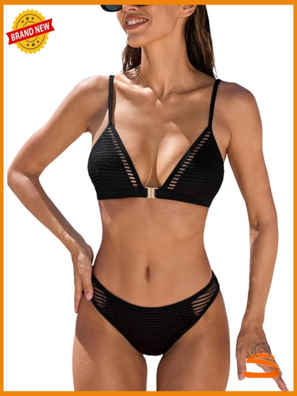 Women's V-Neck Mesh Panel Bikini Set with Adjustable Straps